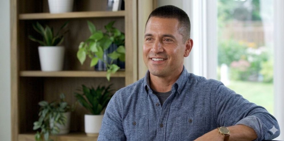 Smiling Man with Crew Cut in Casual Blue Shirt at Home