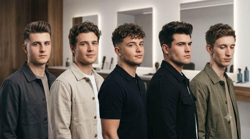 Five diverse men showcasing various quiff hairstyles in a studio.